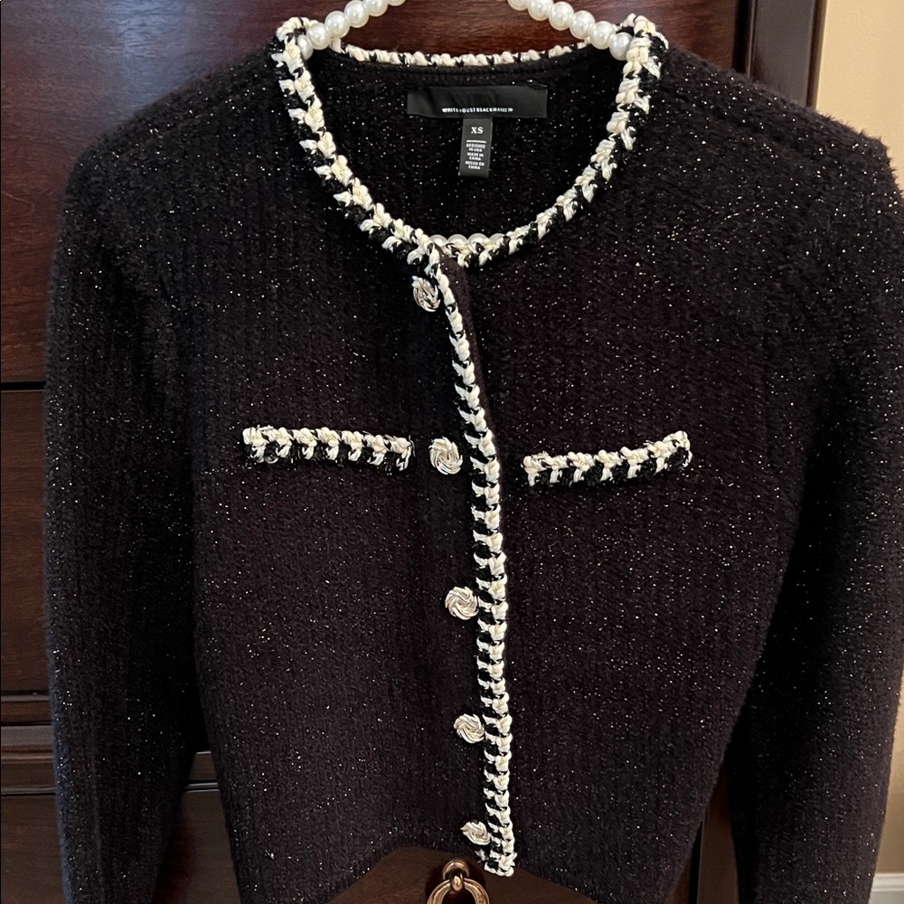 White House Black Market Black tweed sweater jacket, cream trim.